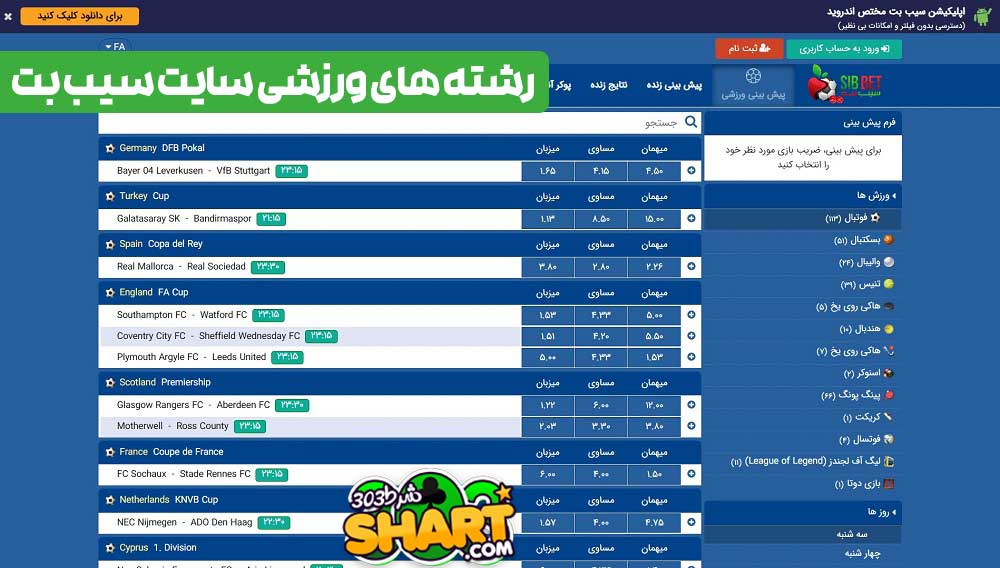 رشته های ورزشی سایت سیب بت